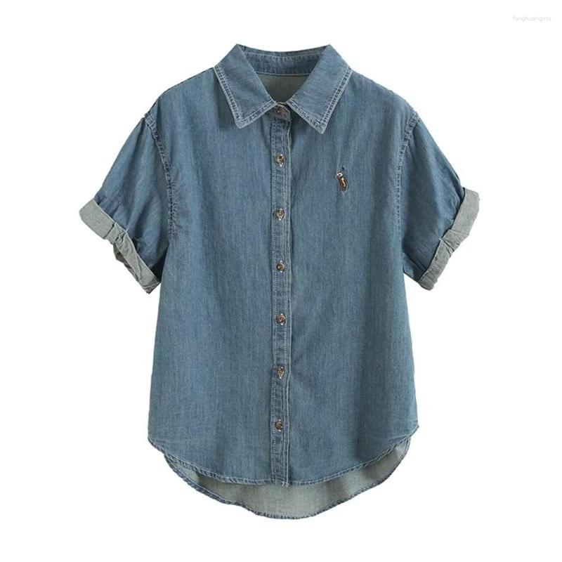 

Women' Blouses Women 2023 Fashion Summer Embroidered Short-sleeved Denim Shirt Vintage Turn-over Sleeves Casual Chic Female Shirts Tops, Blue