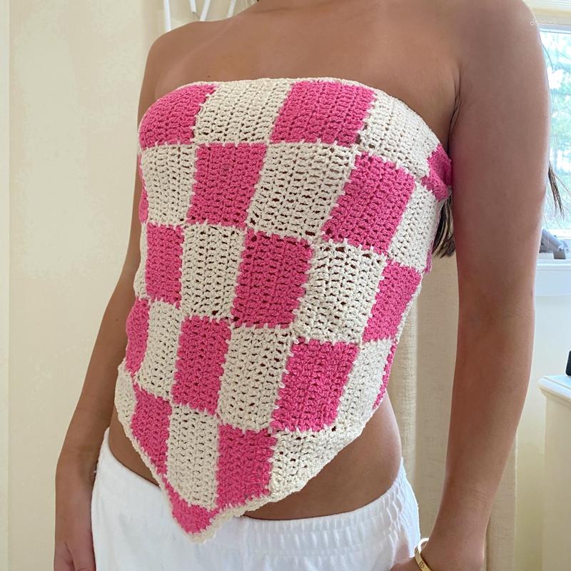 

Women' Tanks Y2K Plaid Knitted Tube Top Chic Women Off Shoulder Strapless Camisole 90s Vintage Backless Tie-up Crop Retro Streetwear, Black