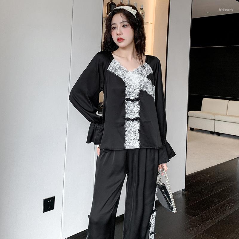 

Women's Sleepwear White Lace Patchwork Chinese Style 2PCS Pyjamas Women Long Sleeve Pajamas With Trousers Sexy Elegant Loungewear V-Neck