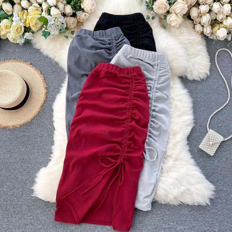 

Skirts Women Chic Pleated Drawstring Asymmetric Split Full Skirt High Waist Elegant Fashion Hip Wrap SkirSweet Summer Clothing, Black
