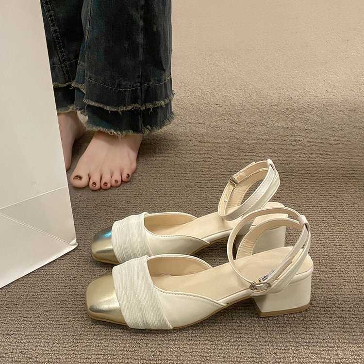 

Sandals True Soft Leather Baotou Women's French Fairy Small Fragrant Square Head Versatile Medium Thick High Heels Mary Jane Single Shoes, Black