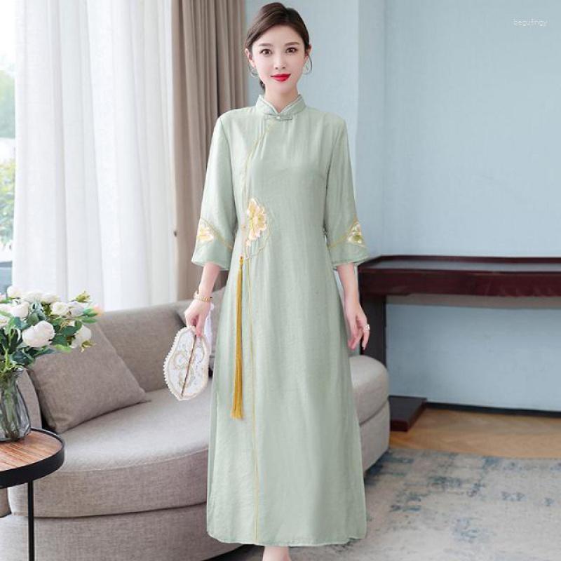 

Ethnic Clothing 2023 Autumn Chinese Tradtional Improved Long Skirt Qipao Dress Women Vintage Cheongsam Chiffon Elegant Vietnam Ao Dai
