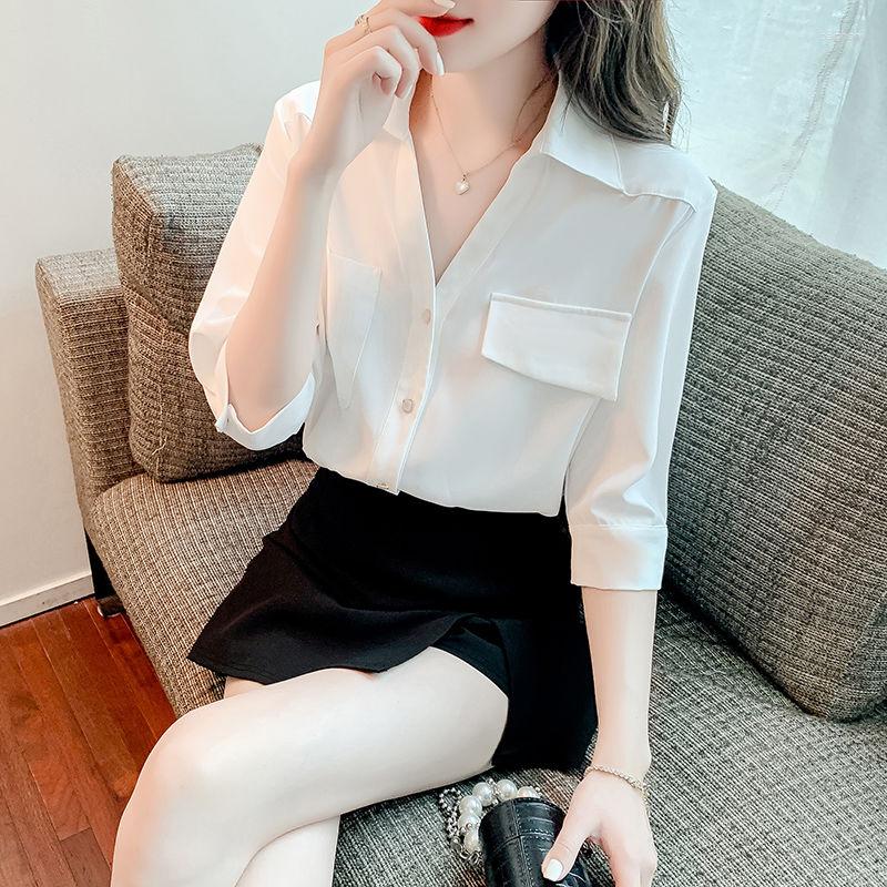 

Women' Blouses Summer Casual Buttons Solid Color Turn-down Collar Short Sleeve Blouse Femme Simplicity V-neck Loose Shirts Women Clothing, White