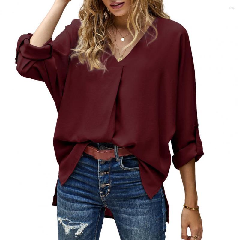 

Women's Blouses Women Blouse Long Sleeve Solid Color V-neck Loose Soft Commute Casual OL Style Lady Summer Shirt Female Clothes Tops, Khaki