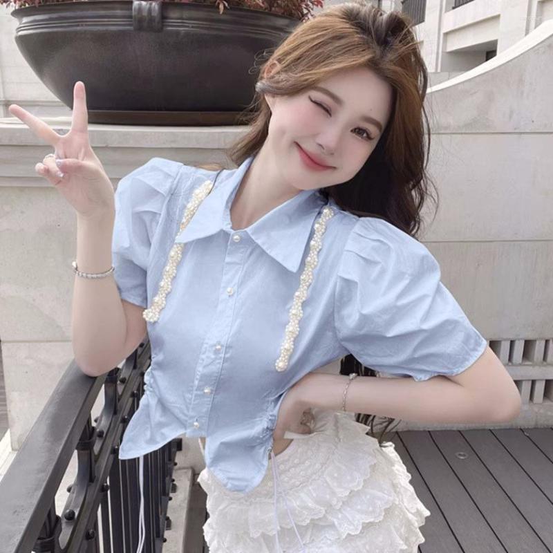 

Women's Blouses Summer Pearl Blouse Women Fashion Kawaii Drawstring Crop Tops Female Casual Sweet Y2k Vintage Shirt Ladies 5 Color Blusas, Green