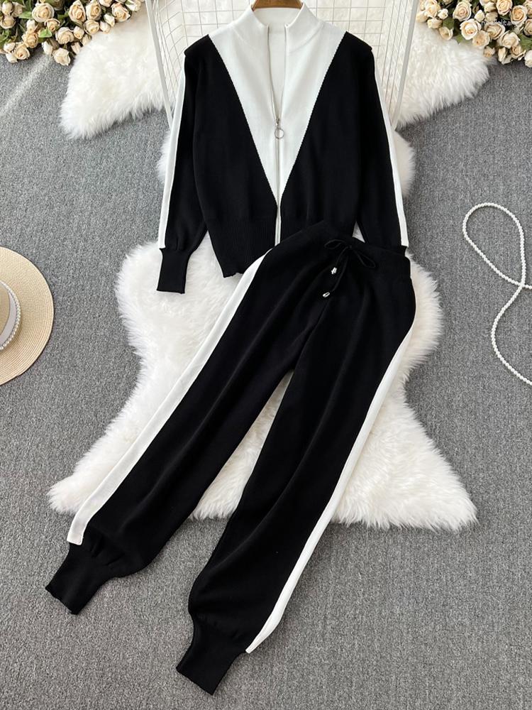 

Women's Two Piece Pants Leisure Sports Fashion Set Vintage Style Stand Neck Loose Zipper Knit Coat High Waist Leggings 2023, Black