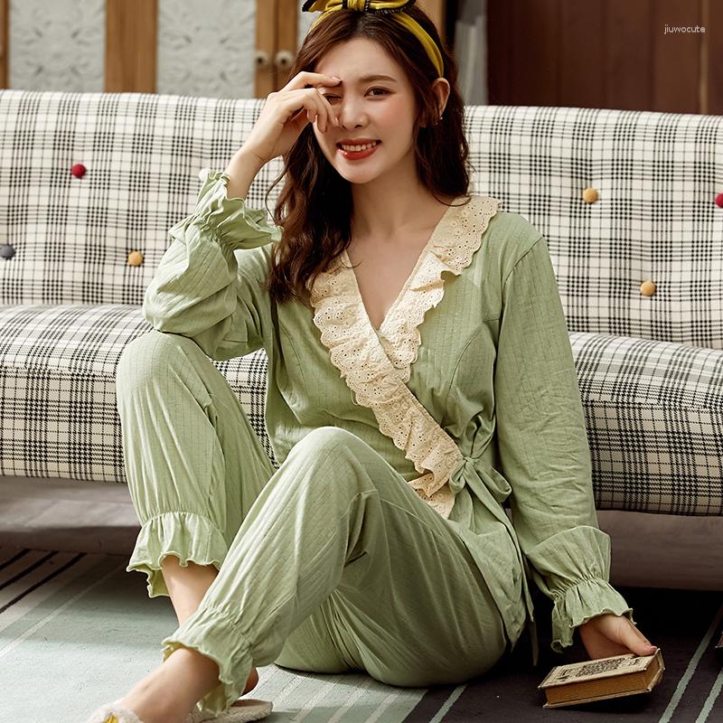 

Women's Sleepwear Autumn Cotton Women's Pajamas Kimono Style Pijama Sets Elegant Lace Design Spring Nightwear Loose Comfort Pyjamas, Wbf2134