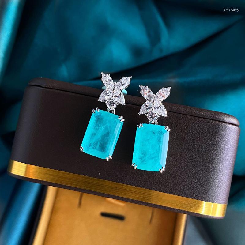 

Dangle Earrings 925 Silver Zircon Butterfly Square Paraiba Gem For Women Fresh Charm Blue Fashion Banquet Jewelry