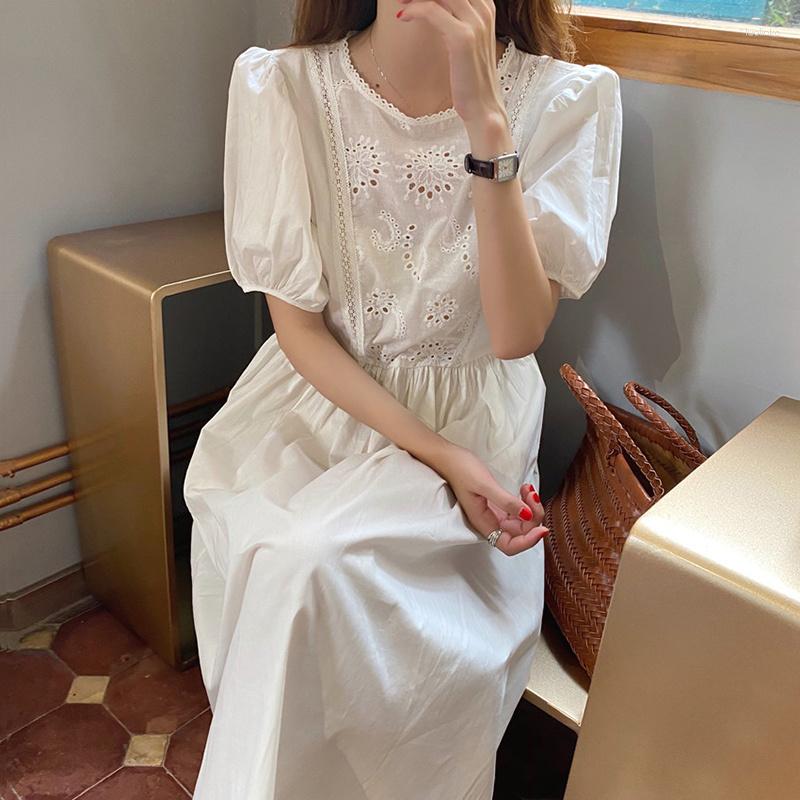 

Party Dresses Korean Chic Elegant Round Neck Dress Woman Lace Hook Flower Open Back Loose Bubble Sleeve Sexy Long Skirt, Black