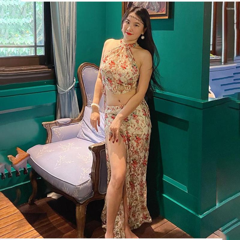 

Stage Wear Women Dance Clothing Class Sleeveless Top And Pants Side Slit Belly Practice Costume Set For Girls, Red