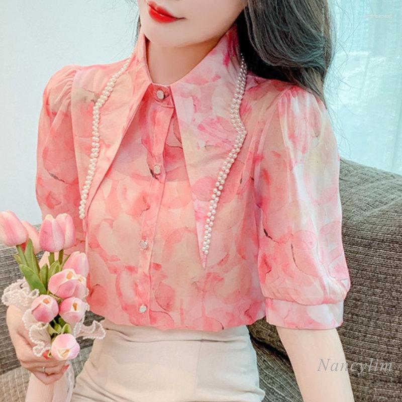 

Women' Blouses 2023 Spring Chic Floral Chiffon Shirt Women' Summer Sweet Print Blouse Heavy Industry Beads Collar Loose Short Sleeve, Green