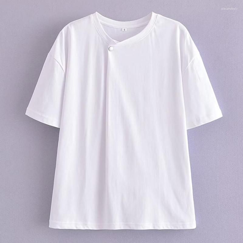 

Women' T Shirts Maxdutti Fashion Simple Summer T-shirt Button Women Decoration Round Neck Pure Cotton White Top