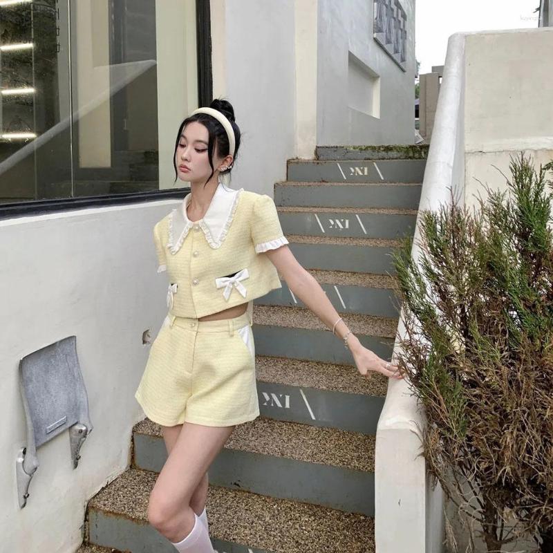 

Women's Tracksuits Ladies Summer Sweet Shorts Set Women's 2023 Kawaii Gentle Bow Short Shirt Top High Waist Casual Two Piece Suit Yellow