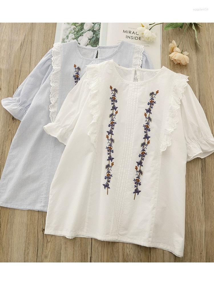 

Women's Blouses Lamtrip Sweet Mirror Flowers Embroidery Ruffles Kawaii Short Sleeve Striped Cotton Shirt Blouse Mori Girl 2023 Summer, White