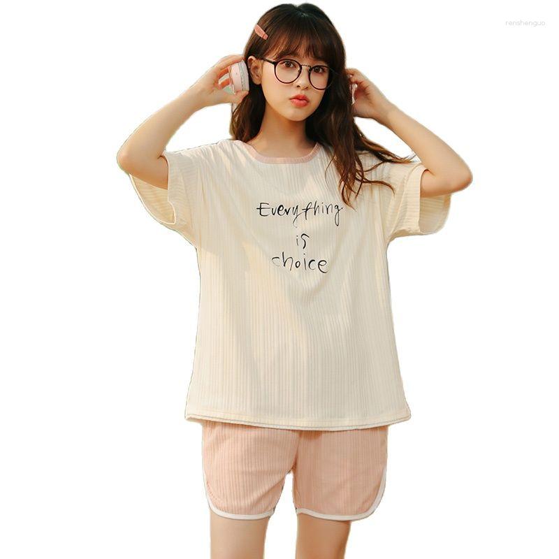 

Women's Sleepwear Summer Knitted Cotton Women Pajamas Set Short Sleeve Round Neck Womens Casual Soft Female Homewear Clothing, Hbn 1630