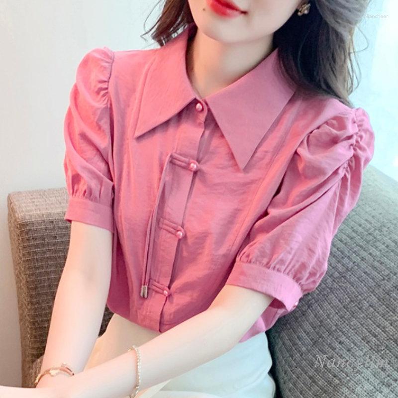 

Women' Blouses French Style Short Puff Sleeve Chiffon Shirt Summer Women' Clothing 2023 Chinese Frog Button Top Solid Color Blusas, Picture color top