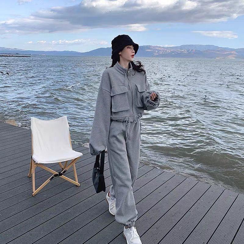 

Women' Two Piece Pants 2023 Autumn And Spring Zipper Solid Color Stand-up Collar Sweater Suit Loose Lace-up Thick Tide Brand T570, Black