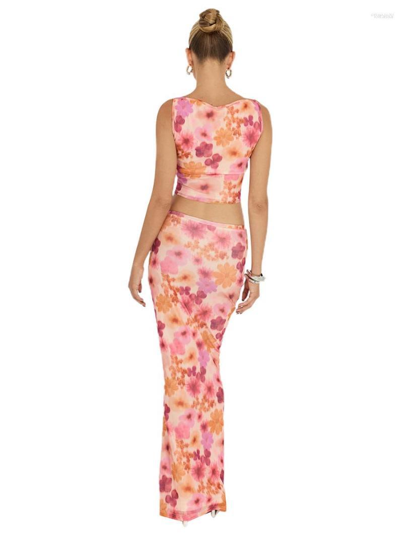 

Two Piece Dress Womens 2 Pieces Outfits V-Neck Spaghetti Strap Flower Sling Tank Tops Bodycon Long Skirts Set (Green 8, H-pink