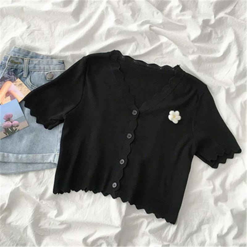 

Women's Knits 2023 Summer Arrival V Neck Short Sleeve Cardigans Korean Sweet Flower Knitwear Top Vintage Preppy Style ZY5053, Black