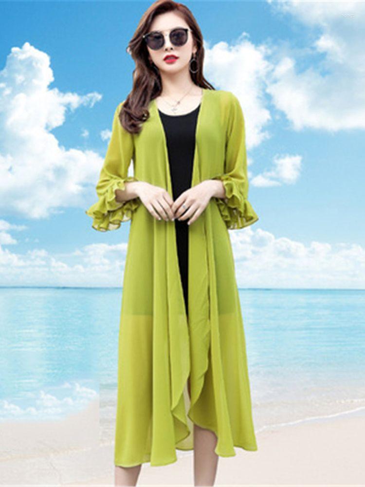 

Women' Blouses 2023 Chiffon Cardigan Women Summer Beach Korean Fashion Kimono Black White Red Green Pink Long Blouse Shirt