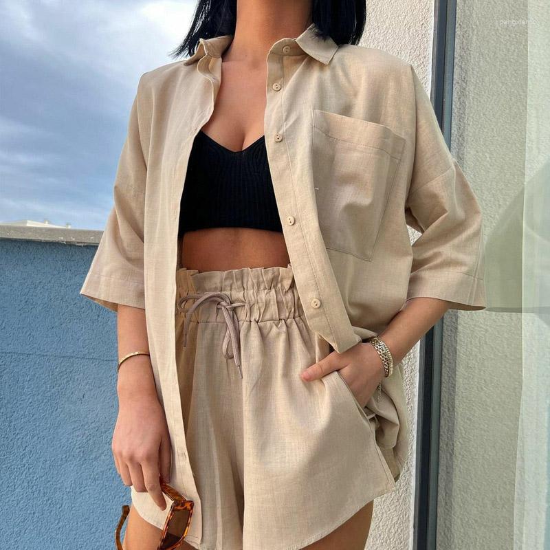 

Women' Tracksuits Spring Casual Solid Cotton Outfits Elegant Single Breasted Lapel Shirt And Drawstring Shorts Suit Summer Short Sleeve, 05 apricot