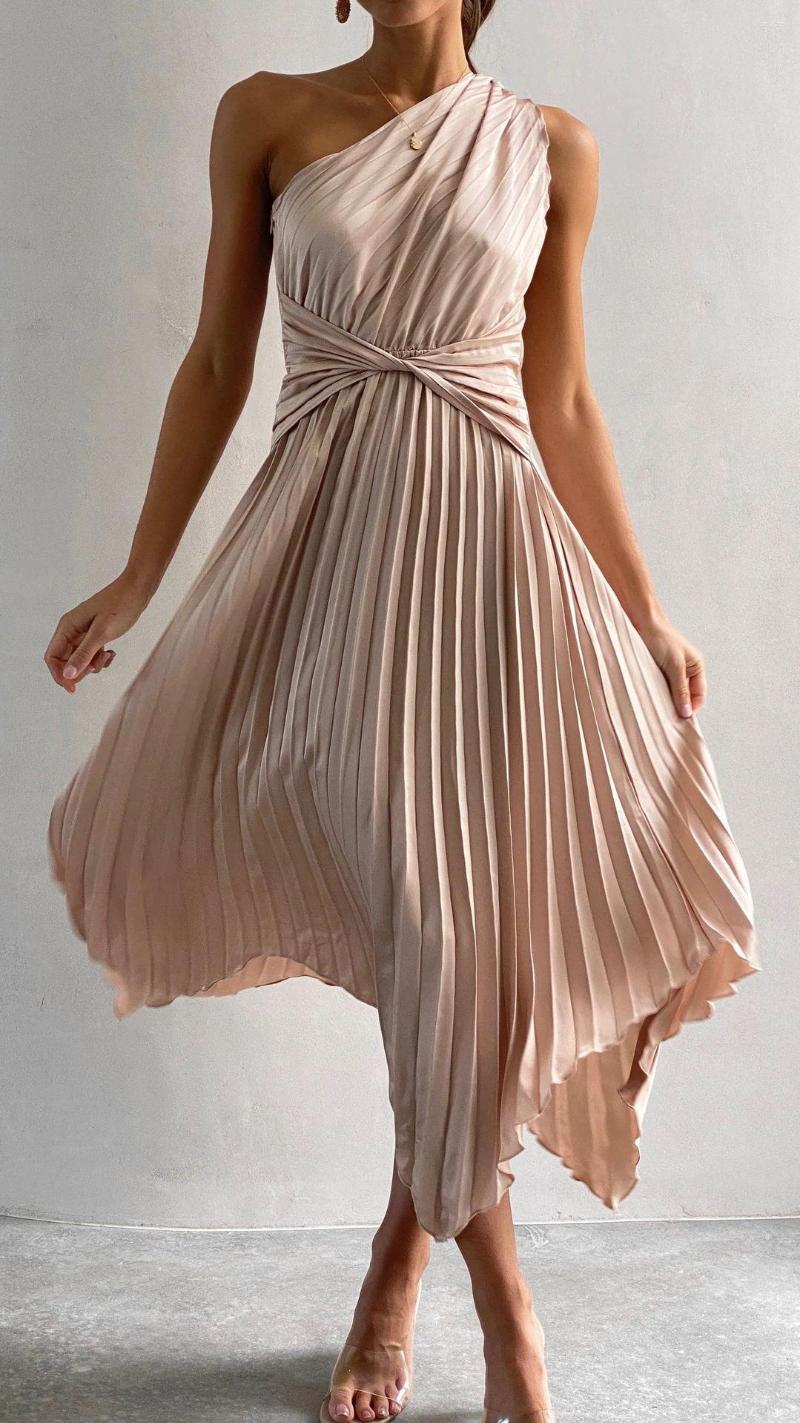 

Casual Dresses Chic Satin One Shoulder Party Midi Dress Women Sexy Sleeveless Irregular Pleated Evening Long Luxury Femme Vestidos Robe, Black