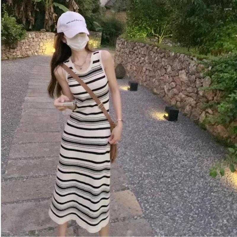 

Casual Dresses Striped Vest Dress Summer Retro Contrast Color Slim Sleeveless Long Streetwear, Apricot