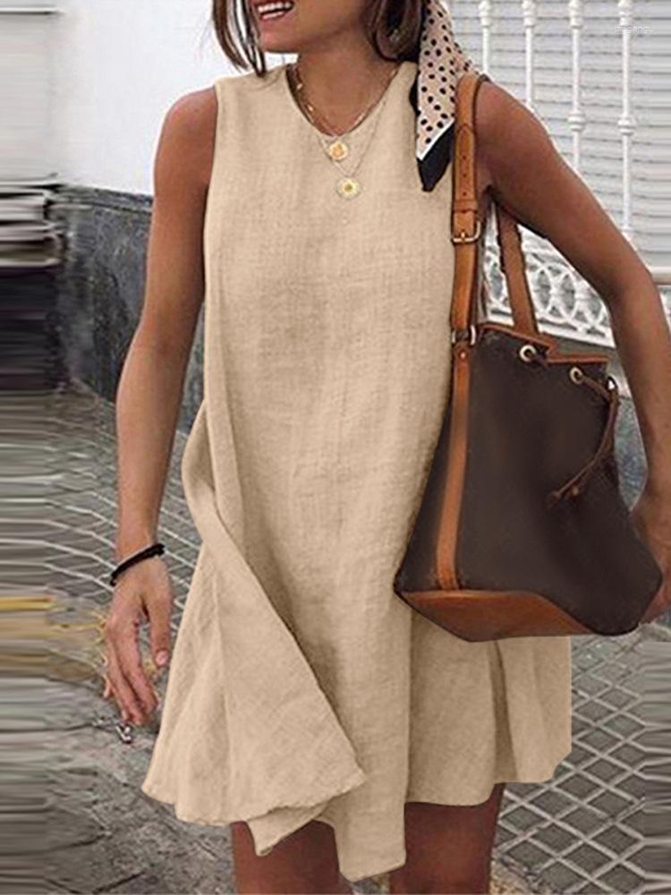 

Casual Dresses Vintage Black Red Sleeveless Cotton Linen Dress Loose Summer Mini Vest Beach Chic Women Clothing Robe, Yellow