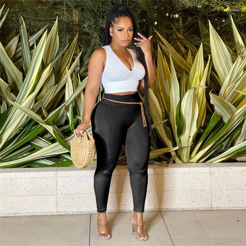 

Women' Two Piece Pants VAZN 2023 Summer Fashion Deep V Sleeveless Dew Waist Top Elastic Long Pure Color Sexy Street Style Sets, Black