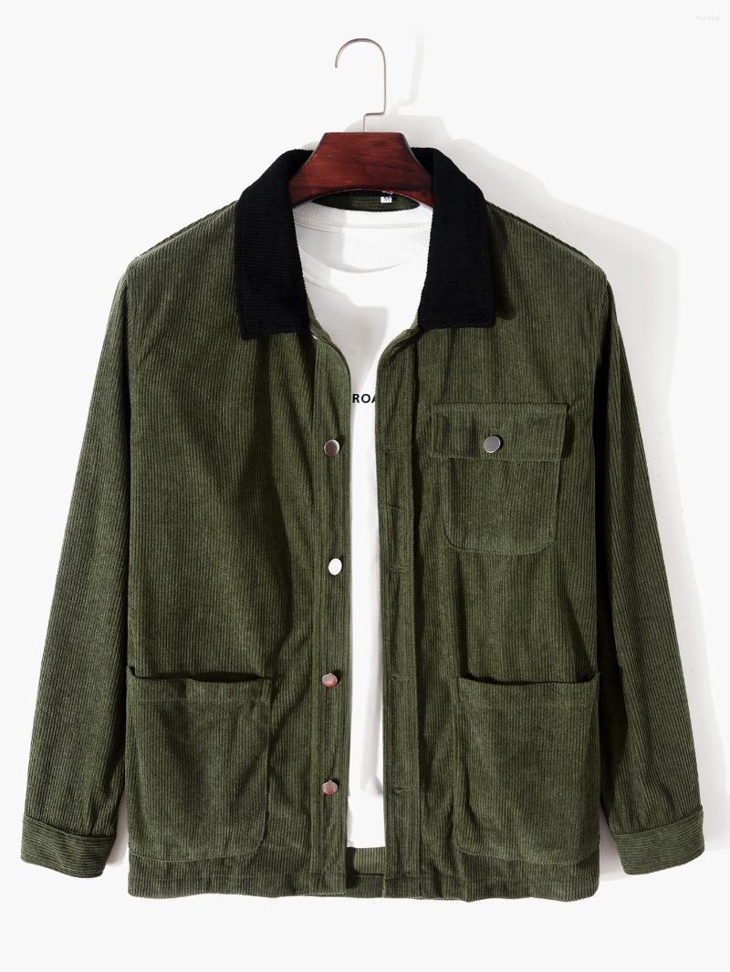 

Men's Casual Shirts Black Lapel Neck With Pocket For Autumn&Winter, Army green