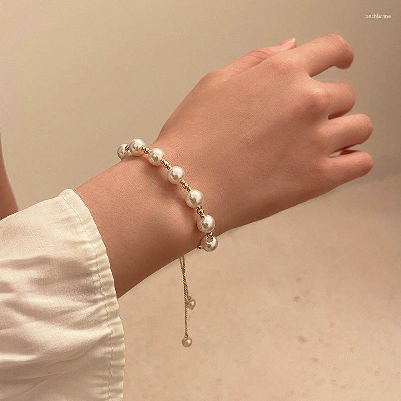 

Link Bracelets Round Beaded Bracelet Jewelry Adjustable Bangle Imitation Pearl Women For Lady Girls Lover Female Valentine's Day Gift