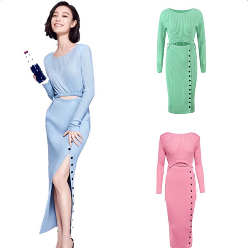 

Basic & Casual Dresses S-elf Portrait Sky Blue Slim Fit Split Step Dress Long Sleeve Knit Dress, Green