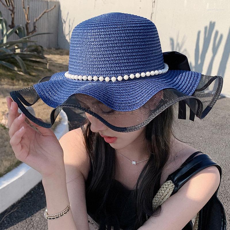 

Berets Summer Floppy Wide Brim Sun Hat Women Elegant Pearl Bow Straw Cap Panama Outdoor Holiday Lady AntiUV Beach, White