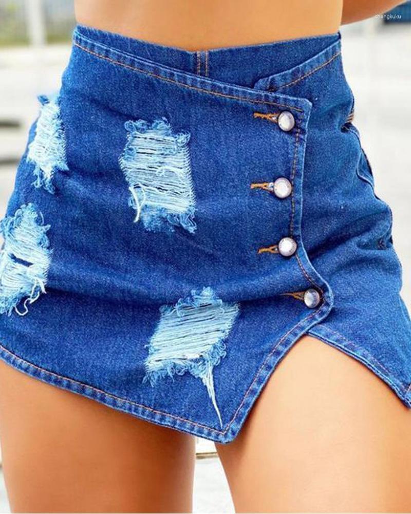 

Women' Shorts Button Ripped Denim Skorts Women Spring Summer High Waist Sexy Mini Solid Color, Blue