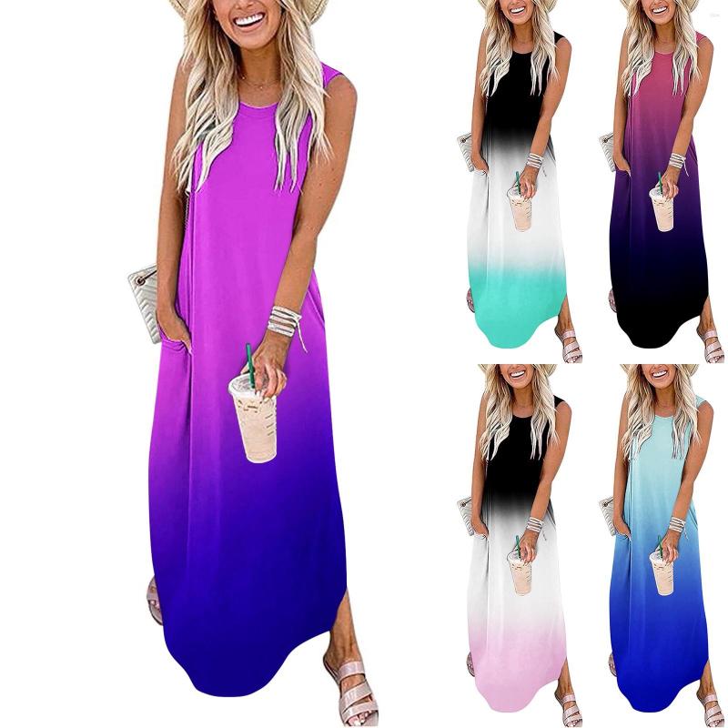 

Casual Dresses Women' Clothes Loose Summer Long Dress Sleeveless Maxi Mutil Color Beach With Pockets Vestidos, Black
