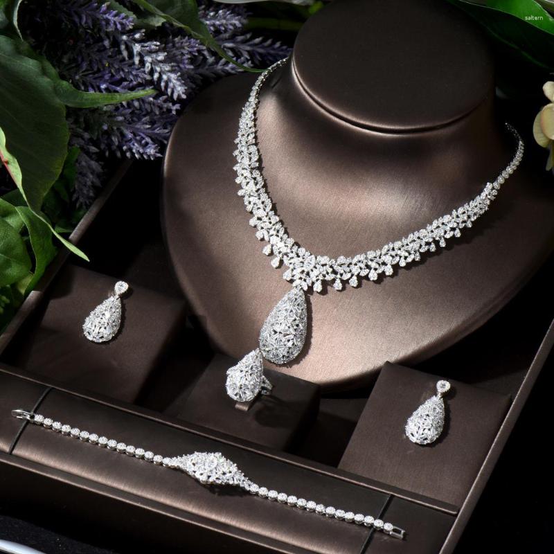 

Necklace Earrings Set HIBRIDE Lucky Big Water Drop Earring For Women Wedding Party Full Cubic Zircon Dubai Bridal N-827, Picture shown