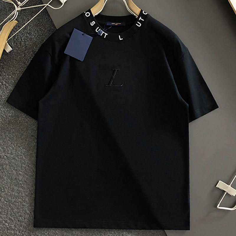 

Fashion Mens Womens Top-Level Black And White Dual Color Collar With Threaded Printed Letters And Embroidered Logo Round Neck Casual Short Sleeves Tee, Black one