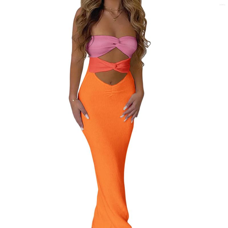 

Casual Dresses Women Bodycon Dress Strapless Knots Ribbed Hollow Plain Hip Ladies Summer Tight Long Party/Club/Bar Outfits