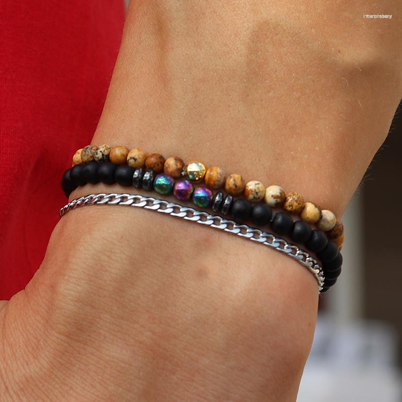

Strand 3Pcs/Set Men Stainless Steel Chain Bracelet 4mm Natural Figure Matte Stone Hematite Beaded Braclet Jewelry Gift For Him