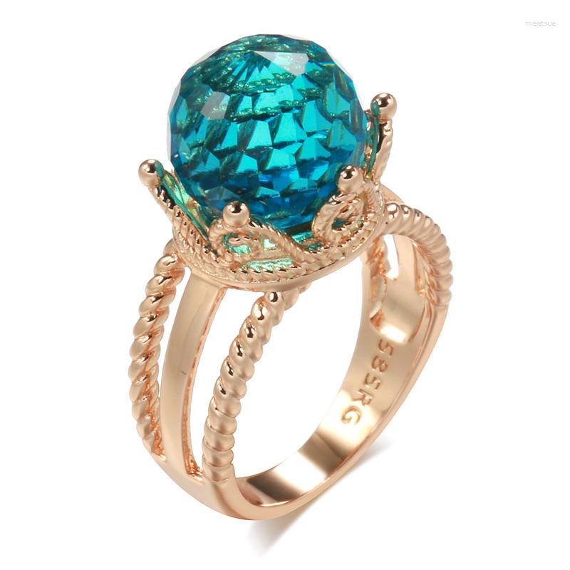 

Cluster Rings Kinel 585 Rose Gold Crown Big Ring For Women Blue Natural Zircon Ball Ear Clip Elegant Fine Vintage Jewelry