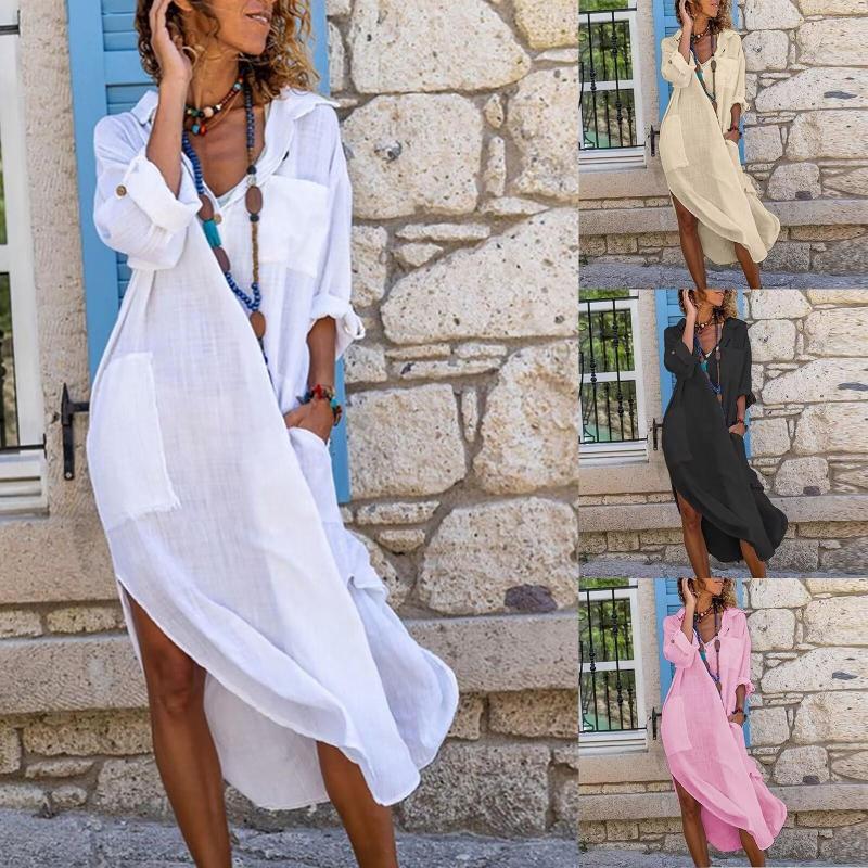 

Casual Dresses 2023 Women Turn-down Collar Shirts Dress Spring Long Sleeve Cotton Linen Maxi Office Single Breasted Pocket, 02 white