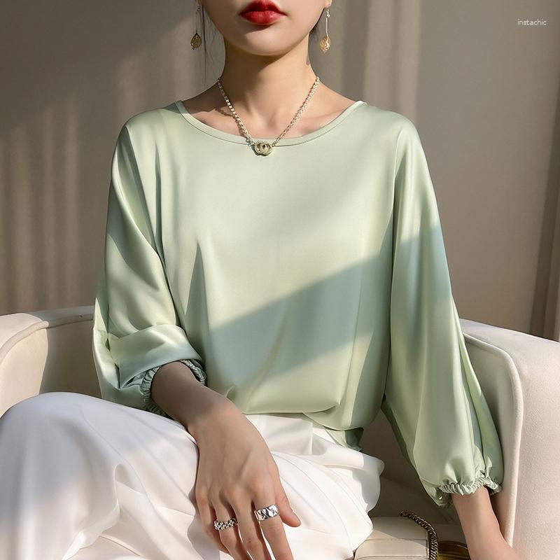 

Women's T Shirts Spring And Summer Round Neck High-Quality Silk Cropped Sleeve Blouse Loose Versatile Temperament T-shirt, Black