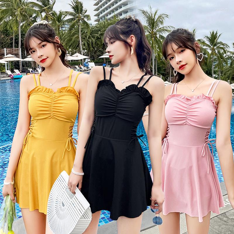 

Women's Swimwear Summer Sexy Elastic Fitness Sport Women One-Piece Suits Skirt Swimsuits Push Up Bathing With Chest Pad, Black