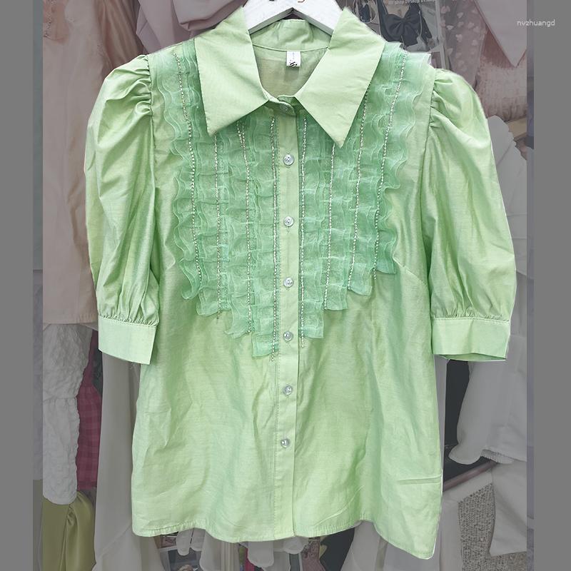 

Women's Blouses Summer Women's Folds Ruffles Chiffon Shirt Office Lady Short Sleeve Fashion Single-Breasted White Tops, Green