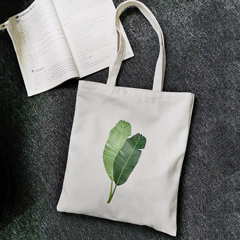 

Shopping Bags Trolley For Cart Leaf Fashion Shoulder Women Canvas Printing Banana Handle Bag, White