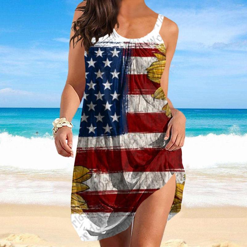 

Casual Dresses Women's Summer Round Neck Loose Sleeveless Independence Day 3D Digital Print Sash Skirt Beach Robe Femme Vestidos Retro, Black