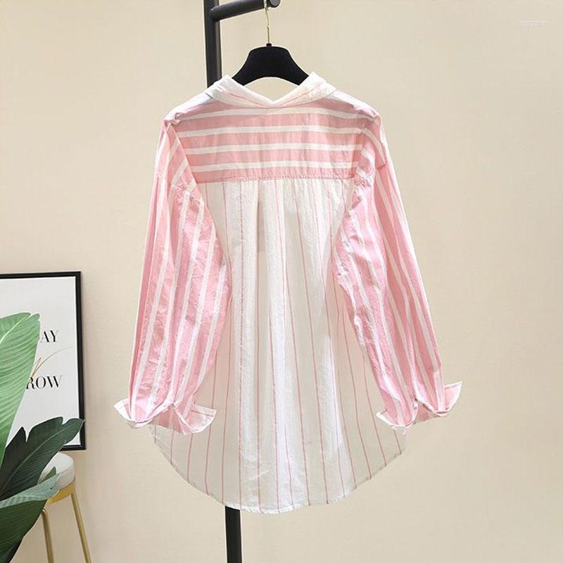 

Women' Blouses Stylish Striped Spring Summer Thin Shirt Women' Clothing Polo-Neck Casual Loose Spliced Long Sleeve Single-breasted, Pink