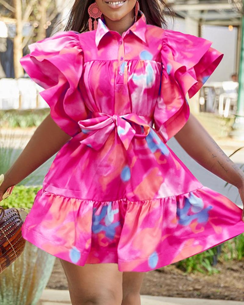 

Casual Dresses Tie Dye Print Ruffles Buttoned Shirt Dress Women Spring Summer Bow Ruffle High Waist Fashion Mini, Pink