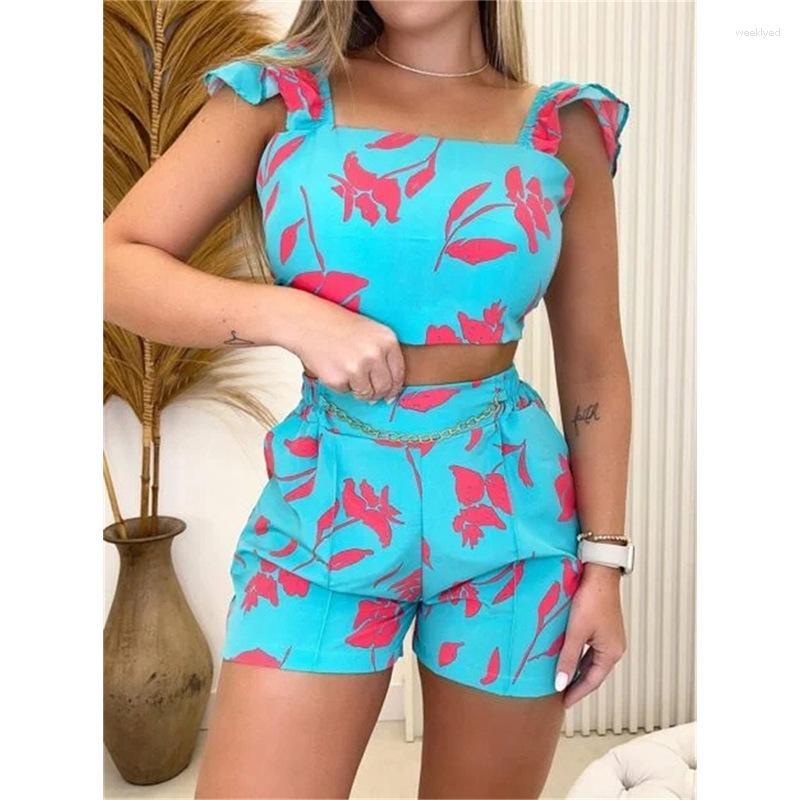 

Women' Tracksuits Women' 2023 Summer 2-piece Fresh Sweet Print Short Undershirt Inserted Pocket Shorts Fashion Casual Set