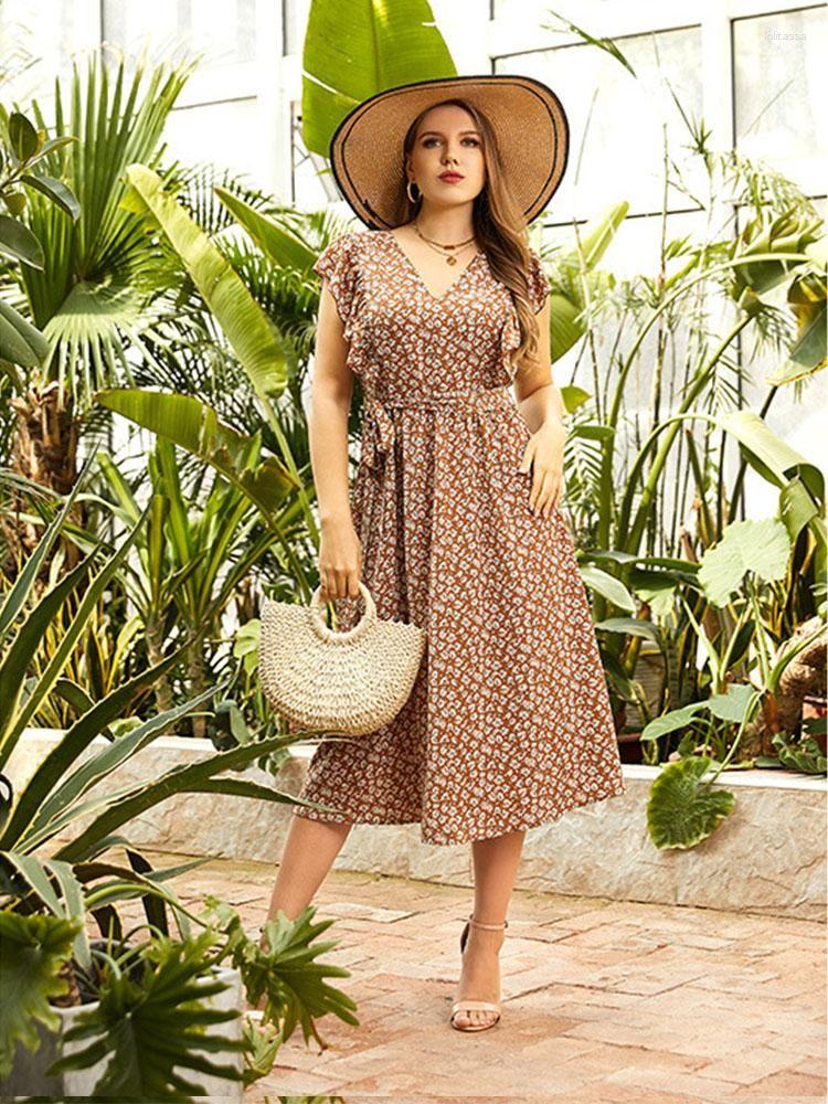 

Plus Size Dresses Women'S Dress  Summer 2023 V Neck Short Sleeve Print Casual Lace Up Ladies Clothing Female High WaistPlus, Kahki
